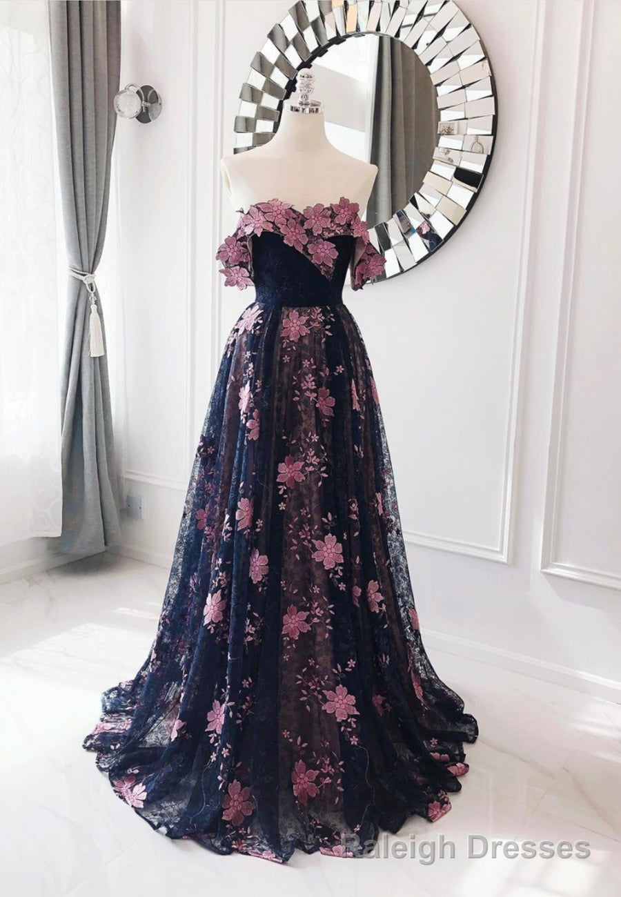 Black Lace Long A Line Prom Dresses, Black Prom Dresses