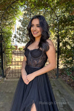 Black A Line Corset Long Prom Dress with Slit