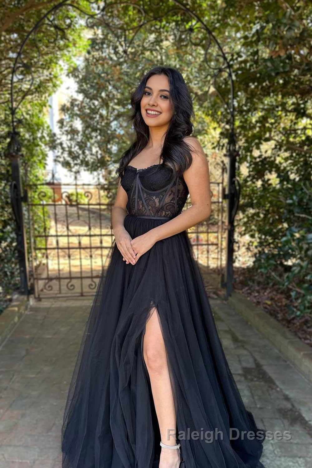 Black A Line Corset Long Prom Dress with Slit