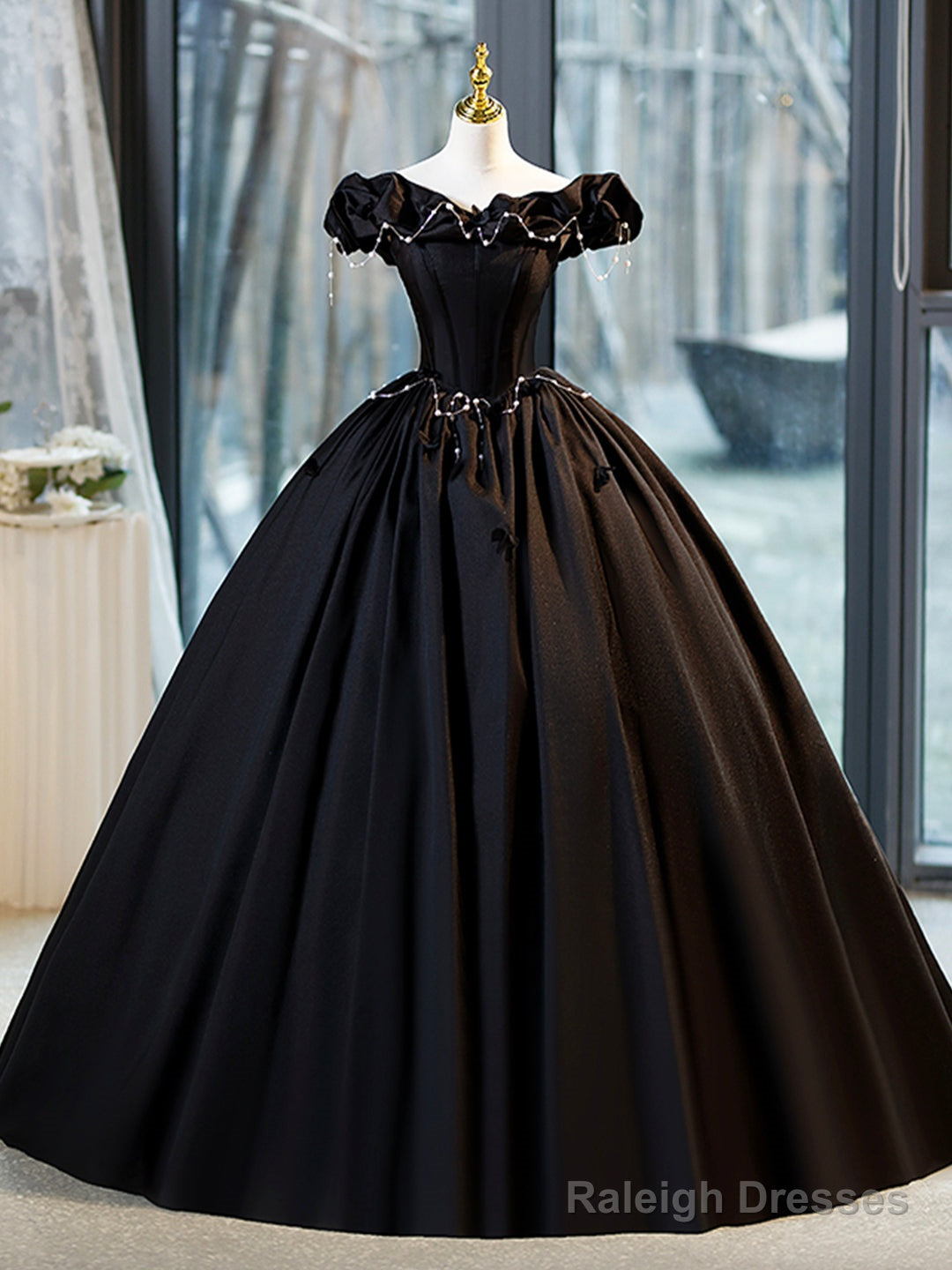 Black A-Line Floor Length Prom Dress With Pearl, Off The Shoulder Evening Party Dress