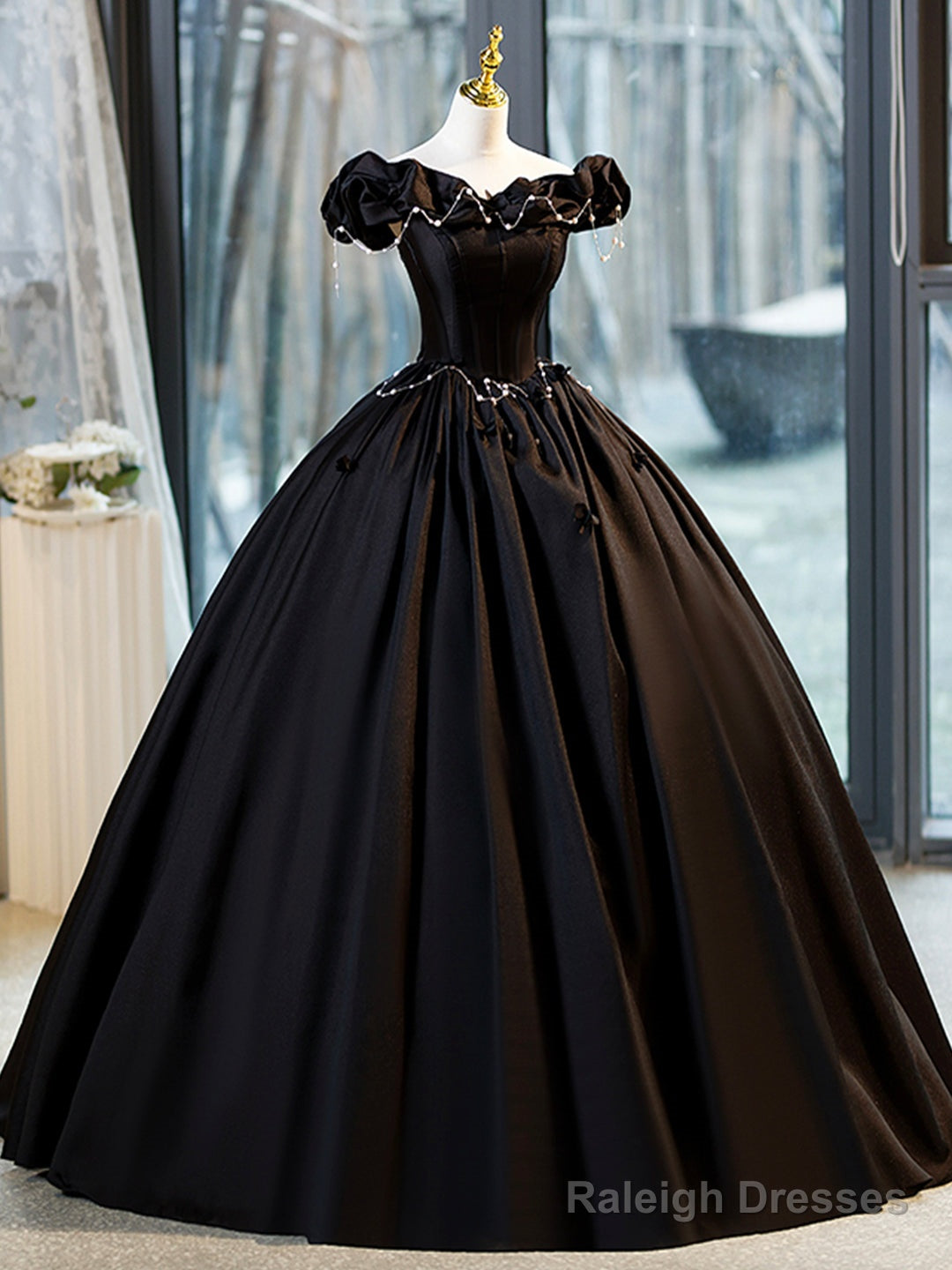 Black A-Line Floor Length Prom Dress With Pearl, Off The Shoulder Evening Party Dress