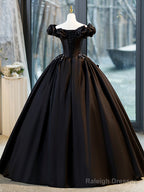 Black A-Line Floor Length Prom Dress With Pearl, Off The Shoulder Evening Party Dress