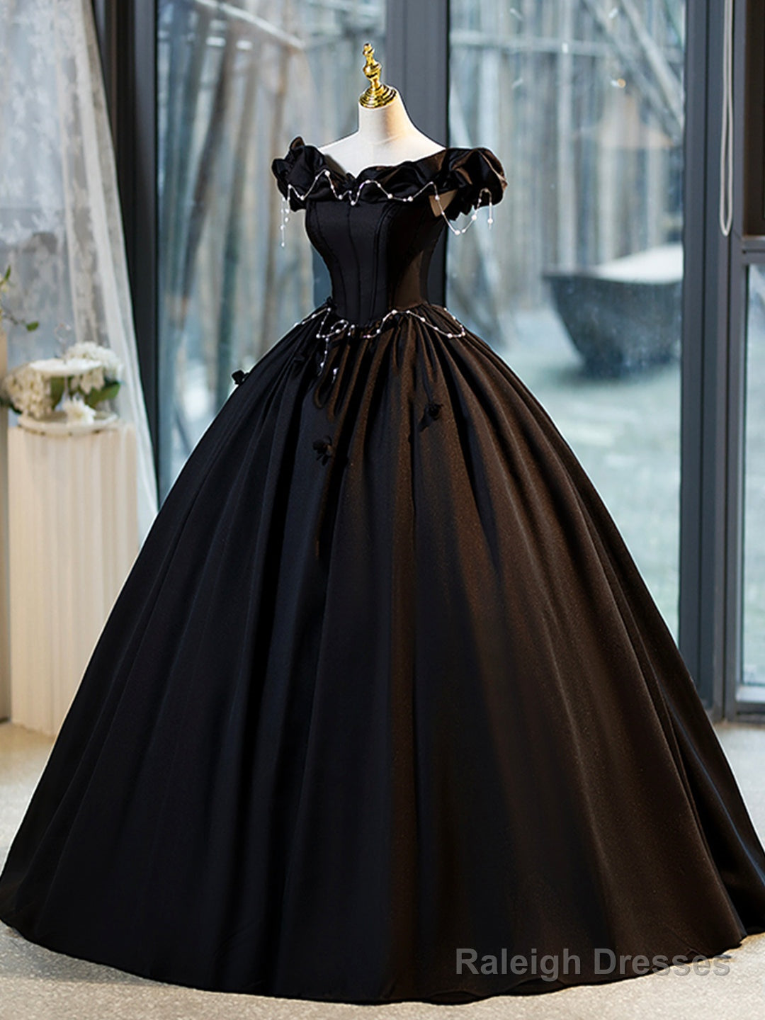 Black A-Line Floor Length Prom Dress With Pearl, Off The Shoulder Evening Party Dress