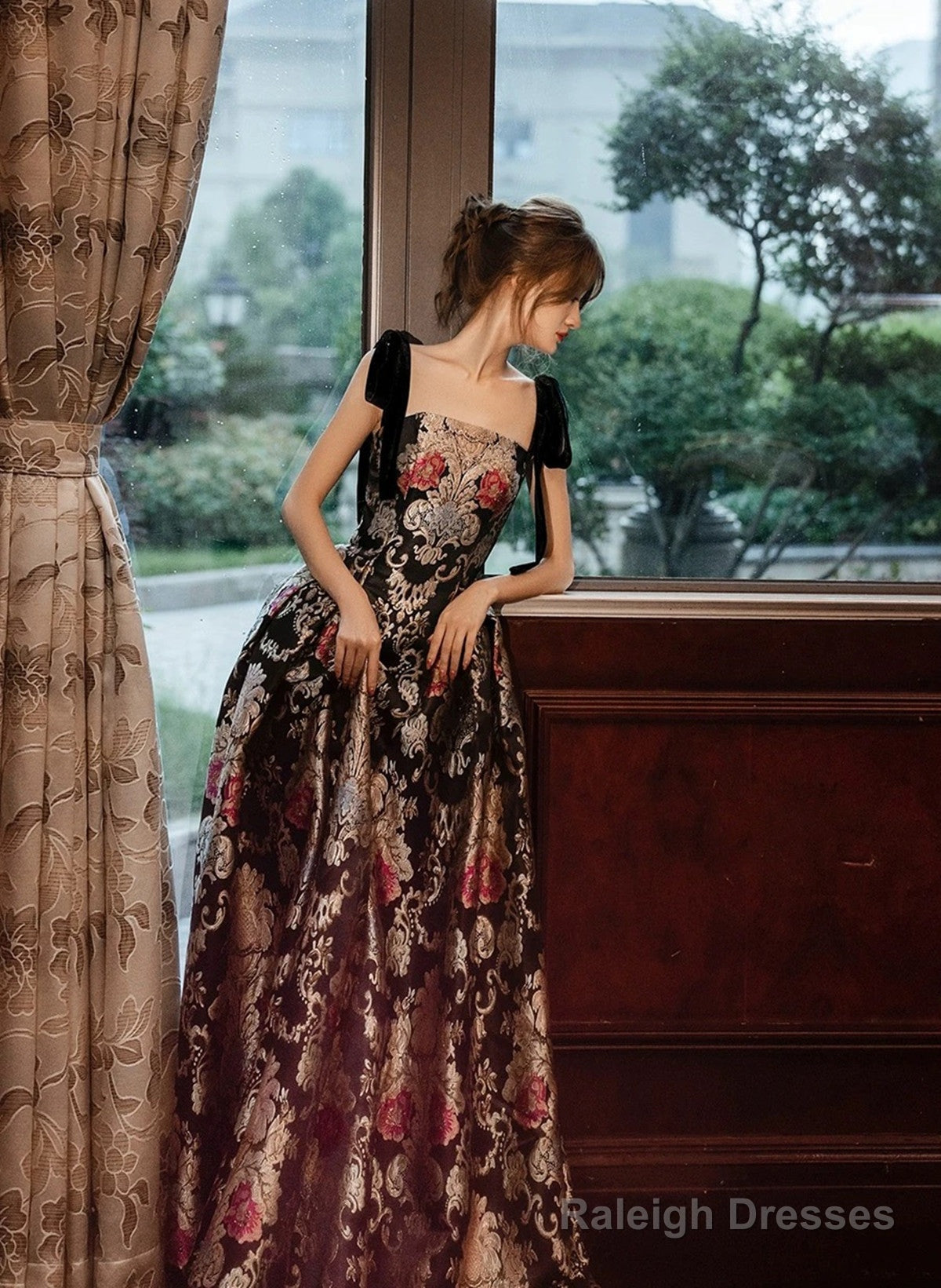 Black A-Line Floral Satin Straps Long Party Dress, Black Satin Prom Dress Secondary image