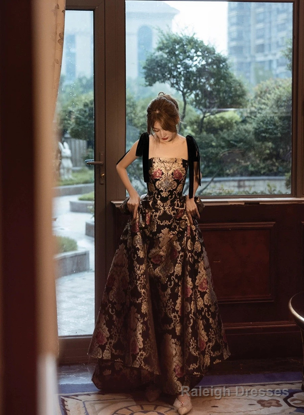 Black A-Line Floral Satin Straps Long Party Dress, Black Satin Prom Dress