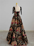 Black A-Line Floral Satin Straps Long Party Dress, Black Satin Prom Dress