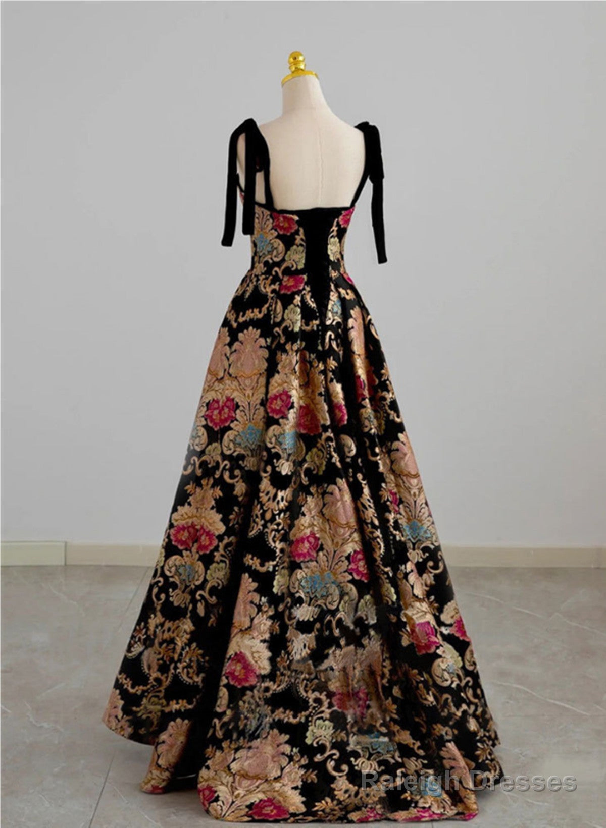 Black A-Line Floral Satin Straps Long Party Dress, Black Satin Prom Dress