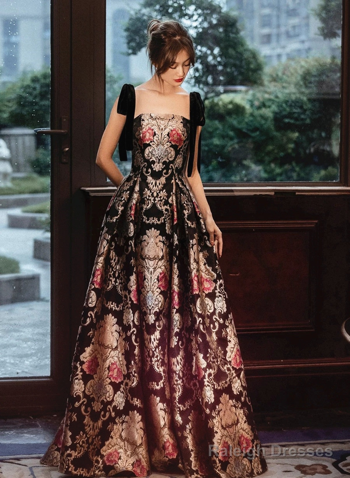 Black A-Line Floral Satin Straps Long Party Dress, Black Satin Prom Dress Main image