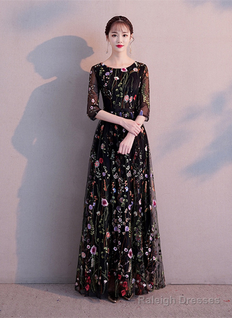 Black A-Line Floral Tulle Prom Dress Party Dress, Black Evening Formal Dress