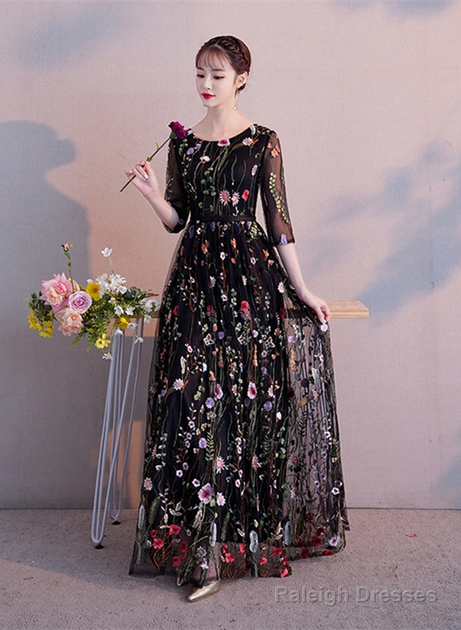 Black A-Line Floral Tulle Prom Dress Party Dress, Black Evening Formal Dress