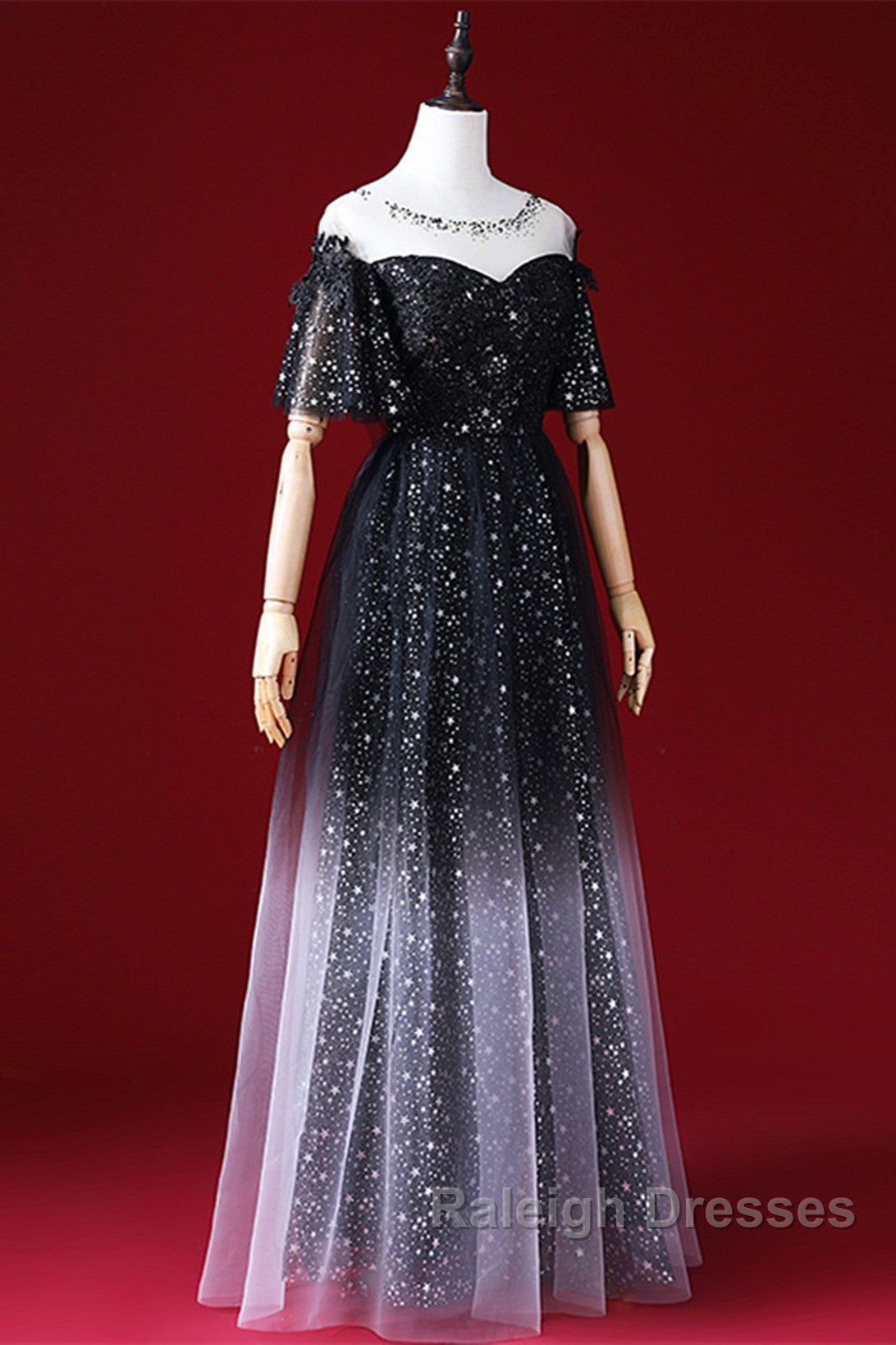 Black A-Line Gradient Tulle Short Sleeves Prom Dress, Black Long Evening Dress