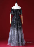 Black A-Line Gradient Tulle Short Sleeves Prom Dress, Black Long Evening Dress