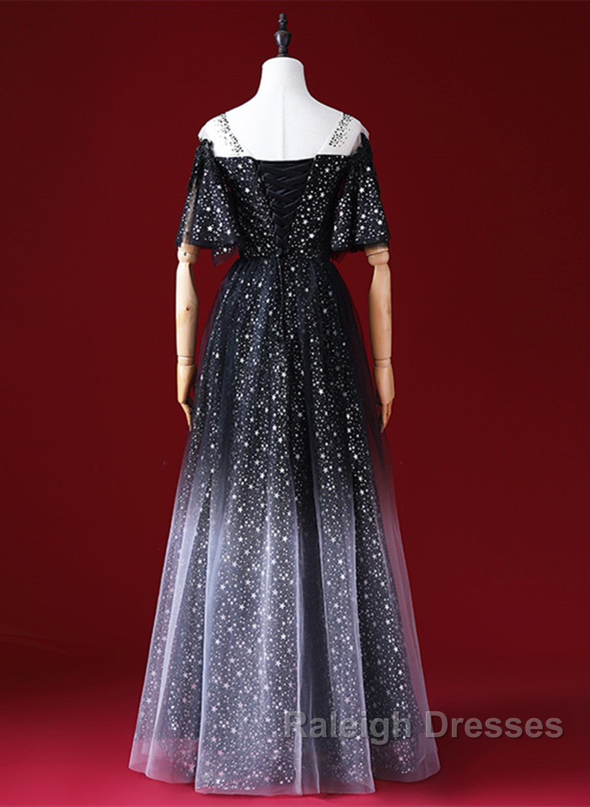 Black A-Line Gradient Tulle Short Sleeves Prom Dress, Black Long Evening Dress