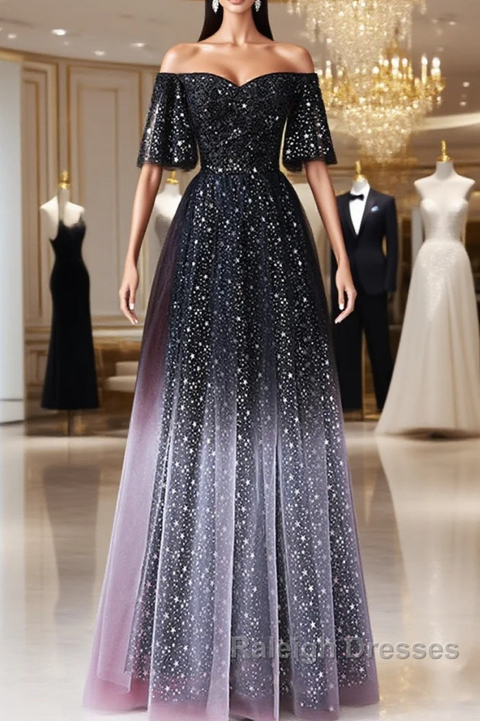 Black A-Line Gradient Tulle Short Sleeves Prom Dress, Black Long Evening Dress Main image