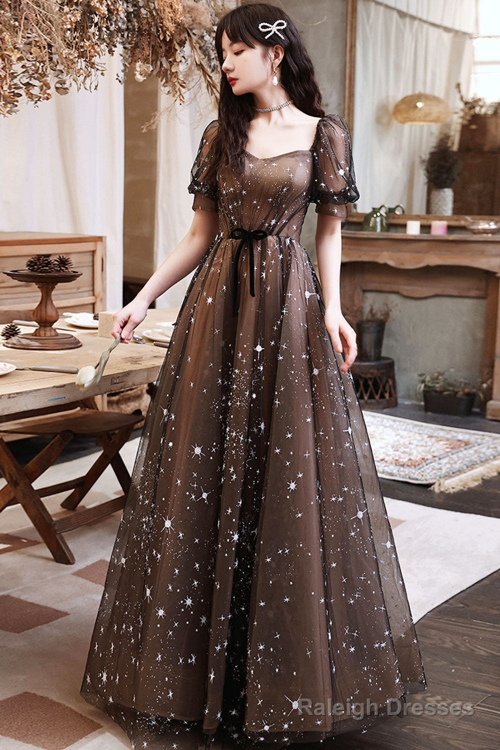 Black A-Line Lace Long Prom Dresses, Black Tulle Formal Evening Dress