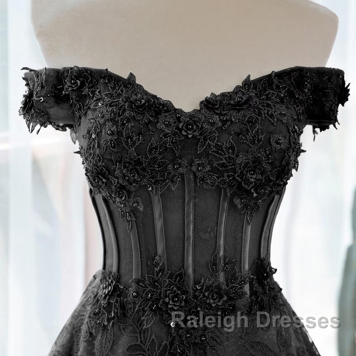 Black A-Line Lace Off Shoulder Tulle With Lace Prom Dress, Black Long Evening Dress Secondary image