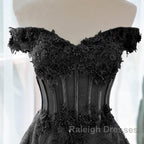 Black A-Line Lace Off Shoulder Tulle With Lace Prom Dress, Black Long Evening Dress