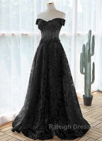 Black A-Line Lace Off Shoulder Tulle With Lace Prom Dress, Black Long Evening Dress