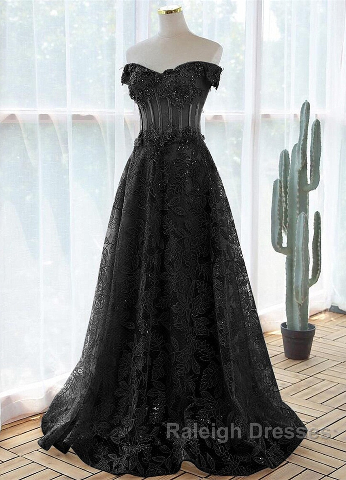 Black A-Line Lace Off Shoulder Tulle With Lace Prom Dress, Black Long Evening Dress