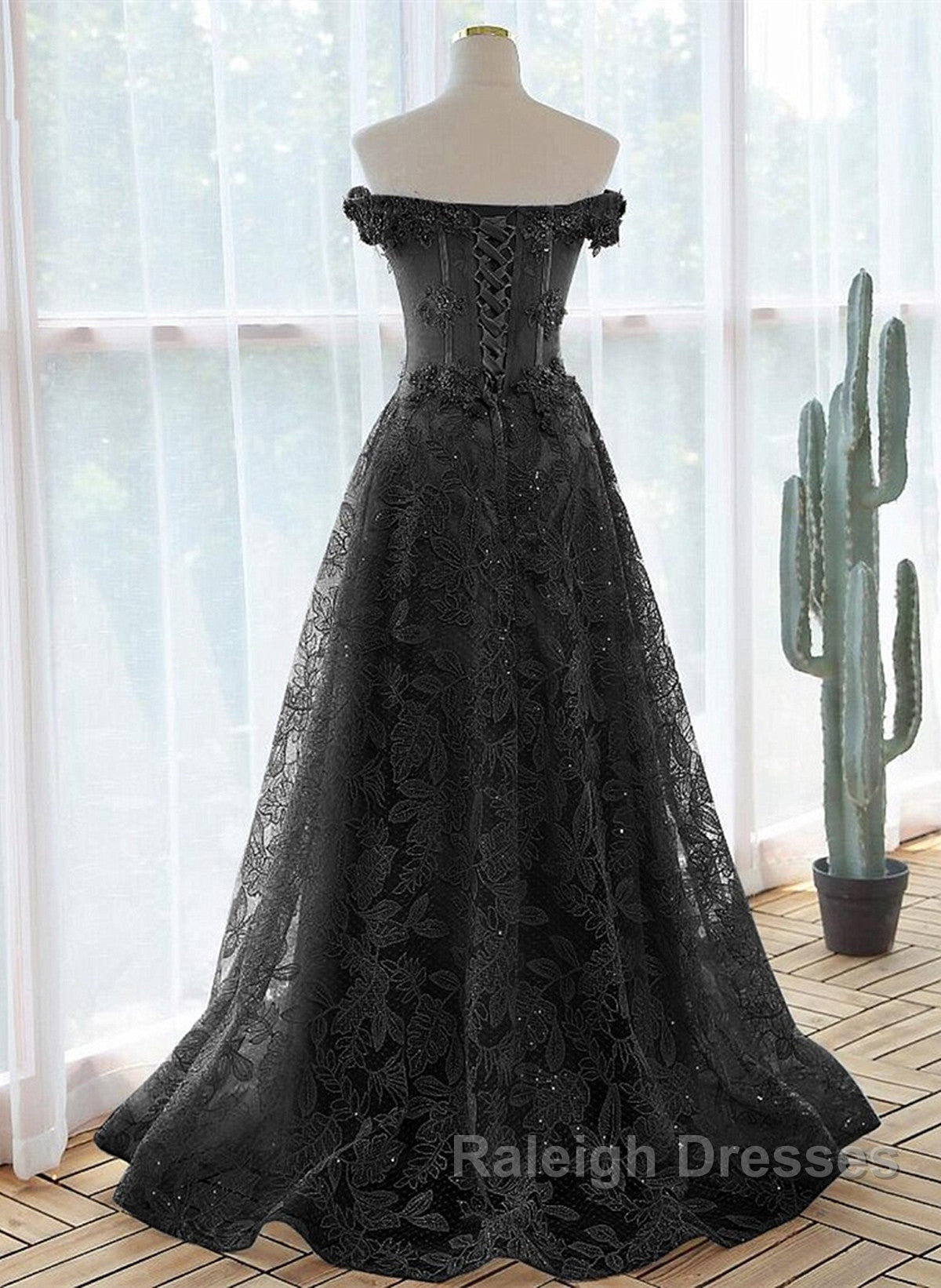 Black A-Line Lace Off Shoulder Tulle With Lace Prom Dresses Black Long Prom Dresses