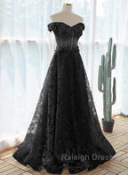 Black A-Line Lace Off Shoulder Tulle With Lace Prom Dresses Black Long Prom Dresses