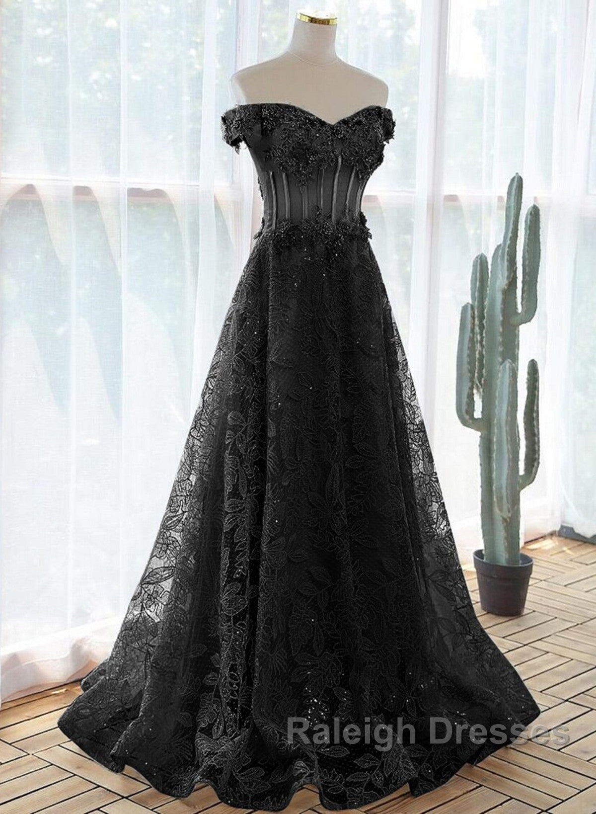 Black A-Line Lace Off Shoulder Tulle With Lace Prom Dresses Black Long Prom Dresses