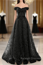 Black A-Line Lace Off Shoulder Tulle With Lace Prom Dress, Black Long Evening Dress
