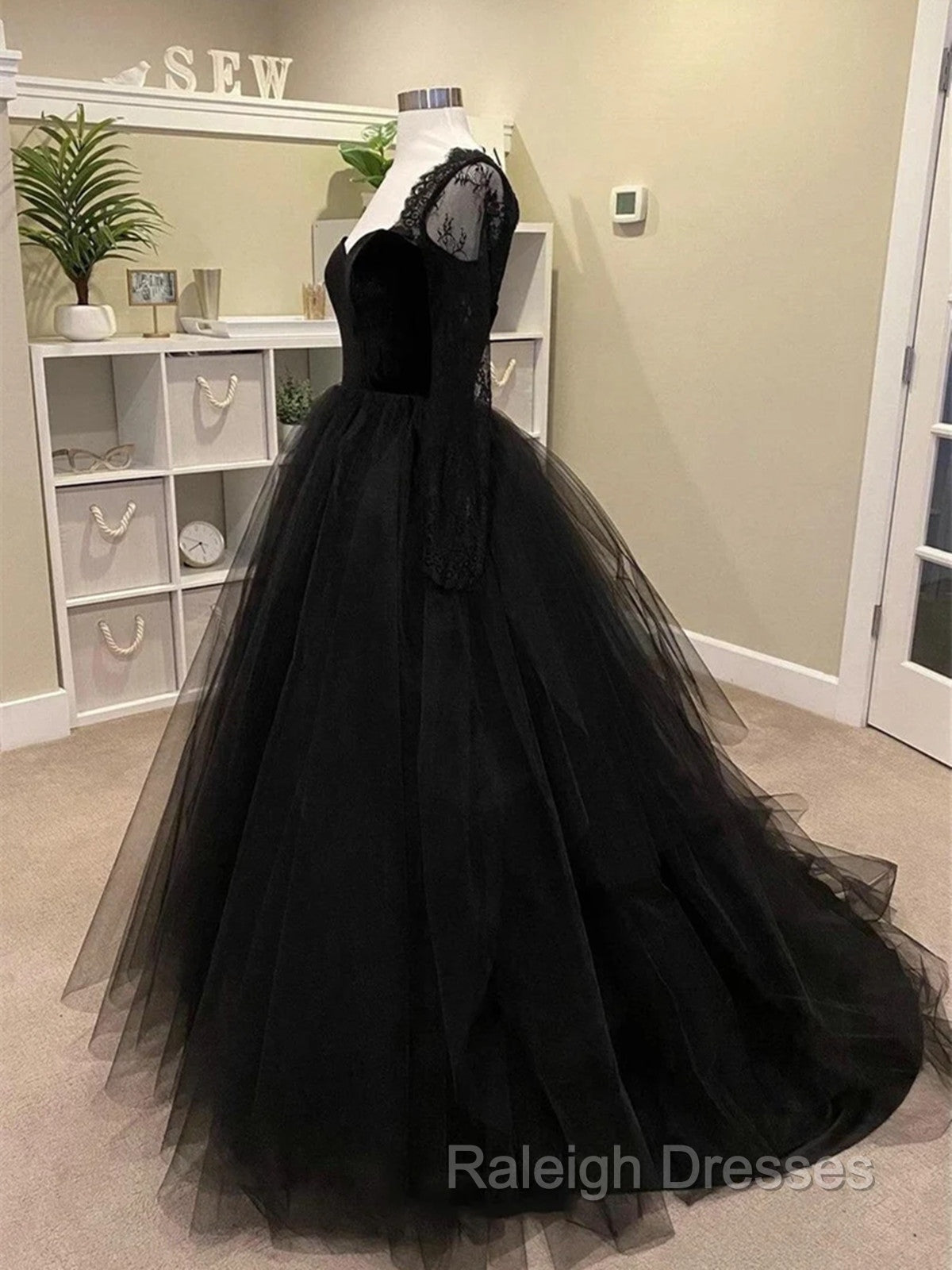 Black A-line Long Lace Sleeves Tulle Formal Dress, Black Prom Dress Party Dress Secondary image