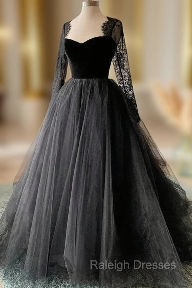 Black A-line Long Lace Sleeves Tulle Formal Dress, Black Prom Dress Party Dress Main image