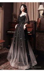 Black A-Line Long Party Dress With Lace, Black Floor Length Prom Dress Formal Dress