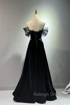 Black A-Line Off Shoulder Tulle Velvet Long Prom Dress,Sequin Formal Evening Dress