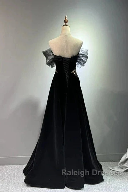 Black A-Line Off Shoulder Tulle Velvet Long Prom Dress,Sequin Formal Evening Dress
