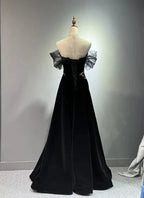 Black A-Line Off Shoulder Tulle Velvet Long Prom Dress,Sequin Formal Evening Dress