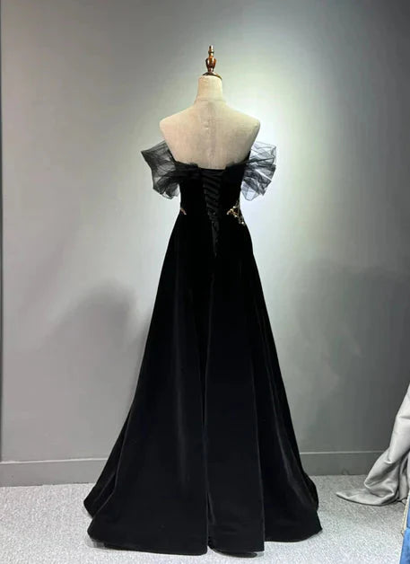 Black A-Line Off Shoulder Tulle Velvet Long Prom Dress,Sequin Formal Evening Dress