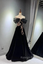 Black A-Line Off Shoulder Tulle Velvet Long Prom Dress,Sequin Formal Evening Dress