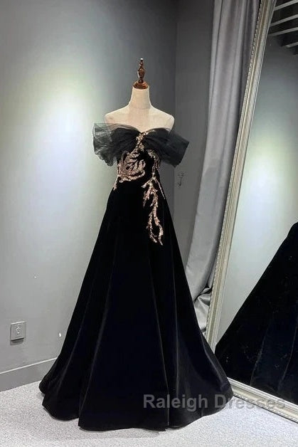 Black A-Line Off Shoulder Tulle Velvet Long Prom Dress,Sequin Formal Evening Dress