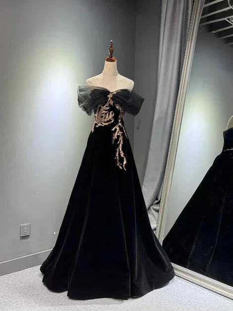 Black A-Line Off Shoulder Tulle Velvet Long Prom Dress,Sequin Formal Evening Dress