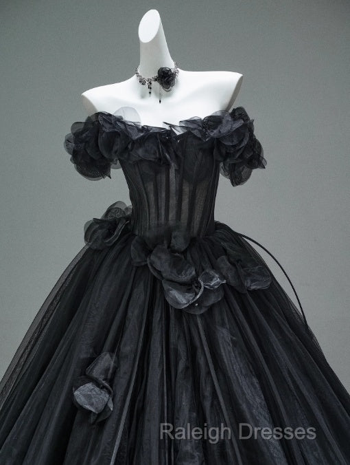 Black A-Line Off-The-Shoulder Tulle 3D Applique Long Prom Dress,Adult Ceremony Graduation Prom Dress Secondary image