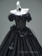 Black A-Line Off-The-Shoulder Tulle 3D Applique Long Prom Dress,Adult Ceremony Graduation Prom Dress