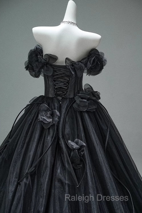 Black A-Line Off-The-Shoulder Tulle 3D Applique Long Prom Dress,Adult Ceremony Graduation Prom Dress