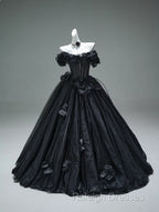 Black A-Line Off-The-Shoulder Tulle 3D Applique Long Prom Dress,Adult Ceremony Graduation Prom Dress