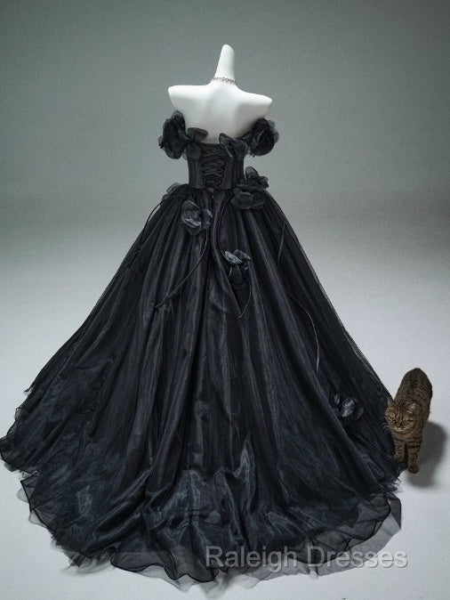 Black A-Line Off-The-Shoulder Tulle 3D Applique Long Prom Dress,Adult Ceremony Graduation Prom Dress