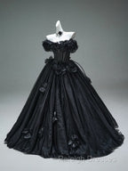 Black A-Line Off-The-Shoulder Tulle 3D Applique Long Prom Dress,Adult Ceremony Graduation Prom Dress