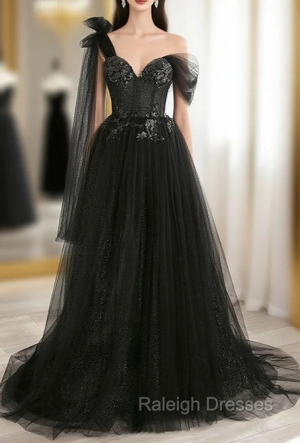 Black A line one Shoulder Tulle Long Prom Dresses, Black Tulle Formal Dresses Secondary image