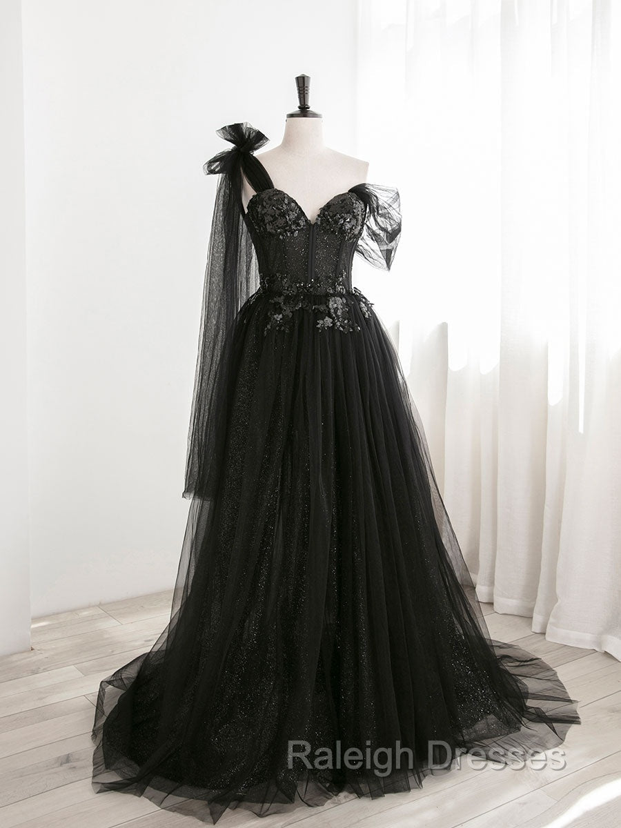 Black A line one Shoulder Tulle Long Prom Dresses, Black Tulle Formal Dresses Main image