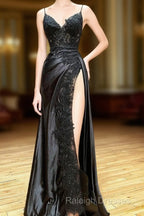 Black A-Line Paghetti Straps Split Lace Applique Prom Dress, Black Evening Dress