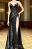 Black A-Line Paghetti Straps Split Lace Applique Prom Dress, Black Evening Dress