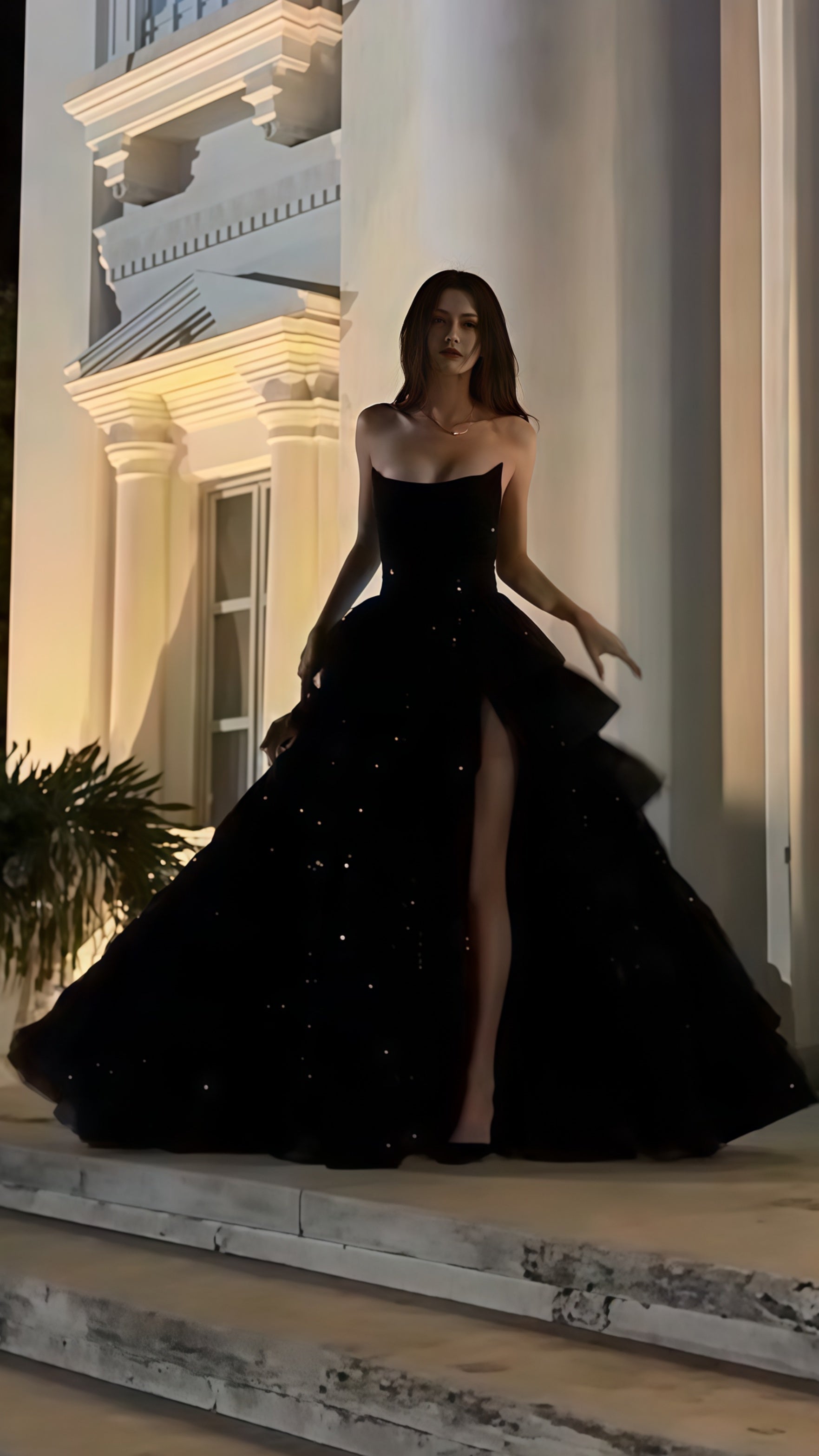 Black A-Line Ruffle Sequin Prom Dress
