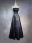 Black A-Line Satin With Lace Applique Prom Dresses Black Straps Long Prom Dresses