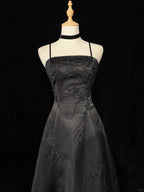 Black A-Line Satin With Lace Applique Prom Dresses Black Straps Long Prom Dresses